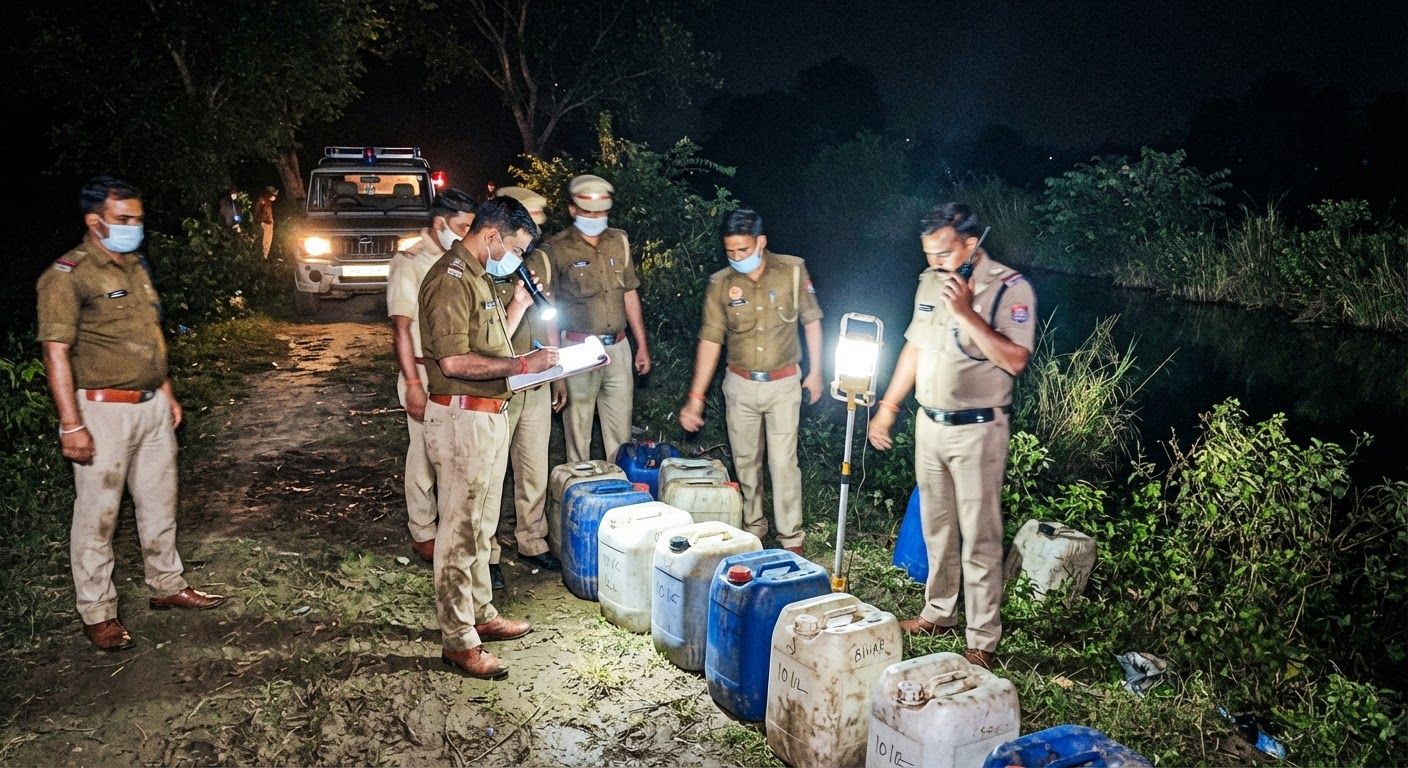 इंडो-नेपाल सीमा पर पुलिस ने छापेमारी कर 110 लीटर देसी चुलाई शराब बरामद की और तस्कर नेपाल की ओर फरार हो गए