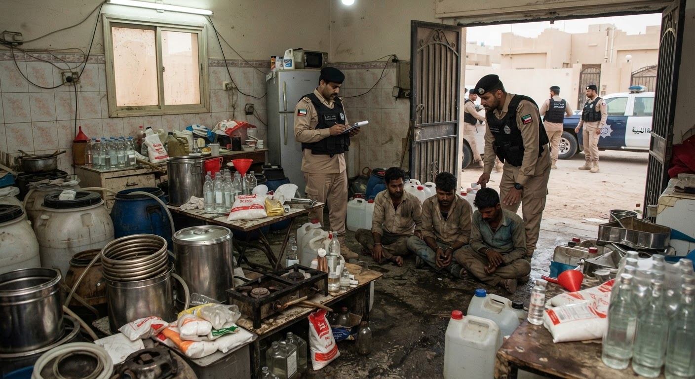 कुवैत के अल-वफरा इलाके में घर के अंदर चल रही अवैध शराब फैक्ट्री पकड़ी गई और चार भारतीय समेत सात लोग गिरफ्तार हुए