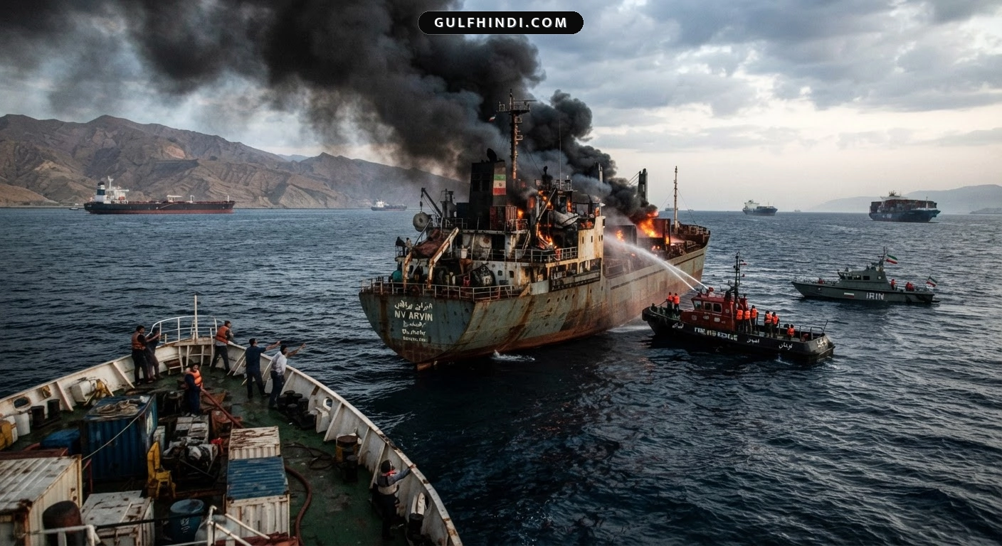 Strait of Hormuz में बड़ा हमला, ईरानी जहाज पर मिसाइल गिरने से लगी आग और एक की मौत.