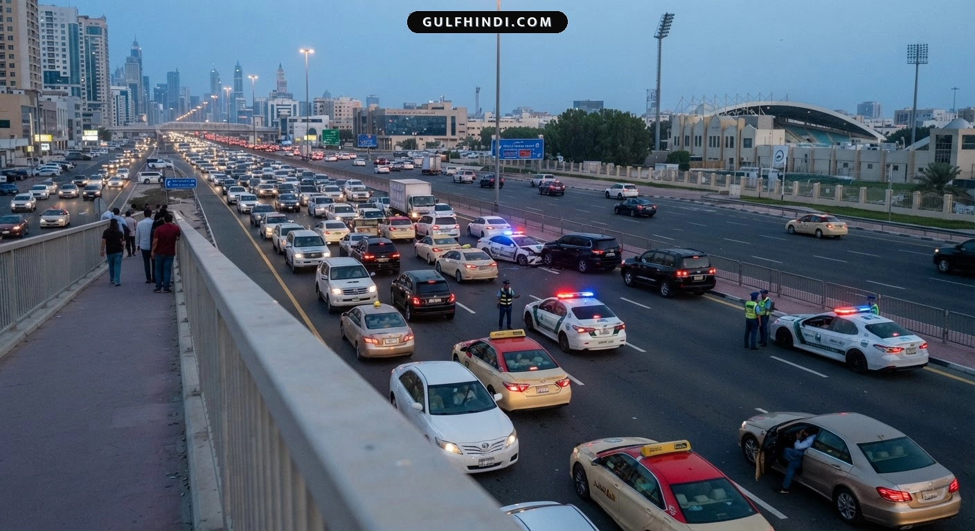 Dubai Traffic Update: औध मेथा स्ट्रीट पर सड़क हादसे से लगा भारी जाम, पुलिस ने दी चेतावनी।