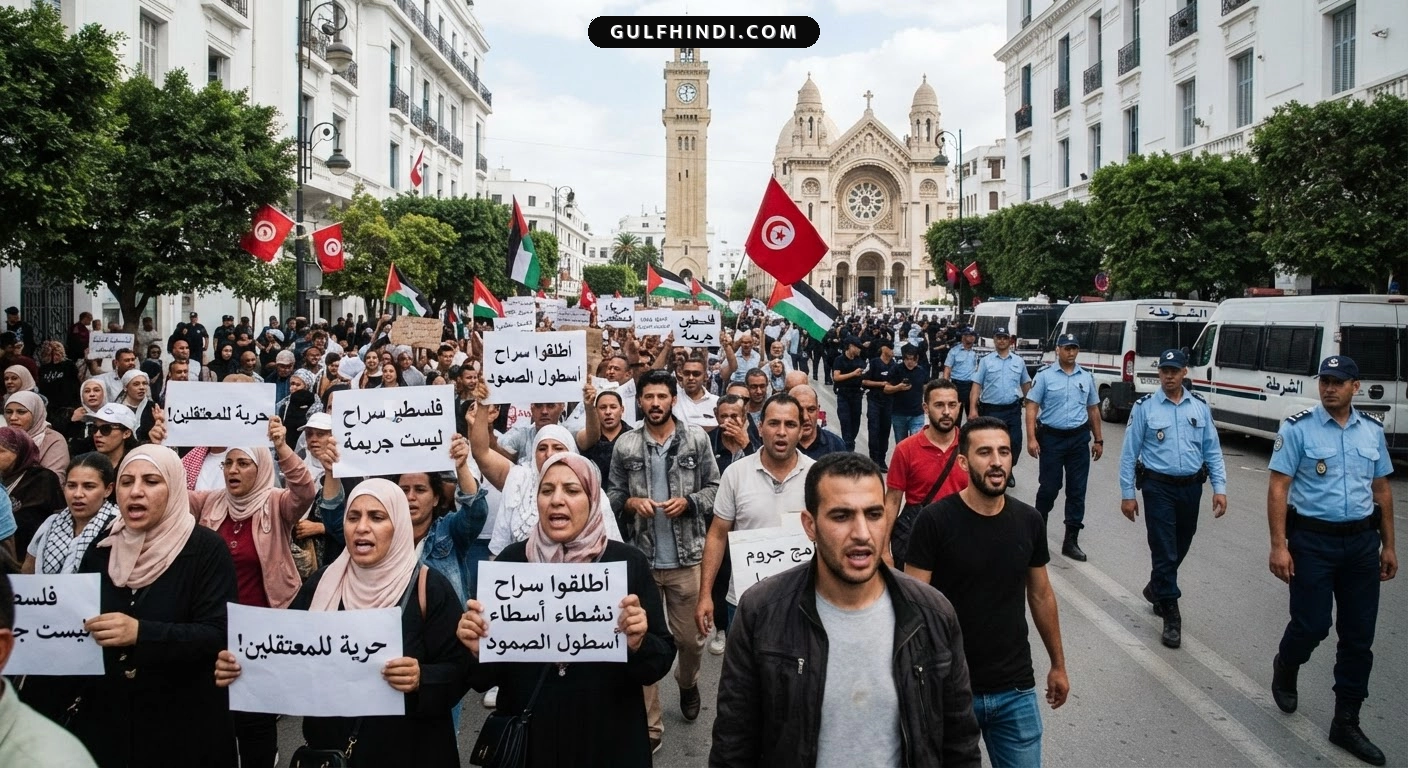 Tunisia में ग्लोबल सुमुद फ्लोटिला के चार कार्यकर्ताओं की रिहाई के लिए ट्यूनिस में जोरदार प्रदर्शन.