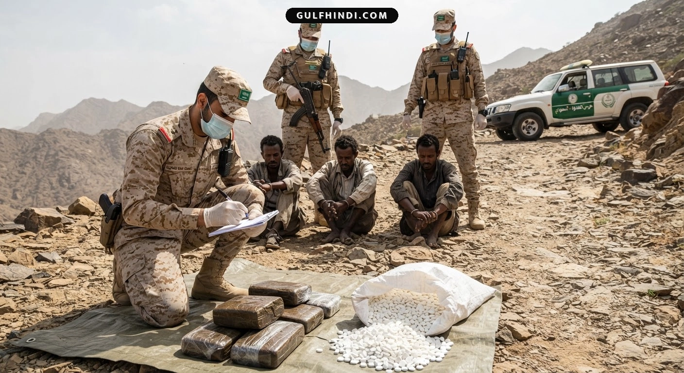 Saudi Border Guard: असीर में नशीली दवाओं के साथ तीन विदेशी गिरफ्तार, भारी मात्रा में चरस और टैबलेट जब्त.
