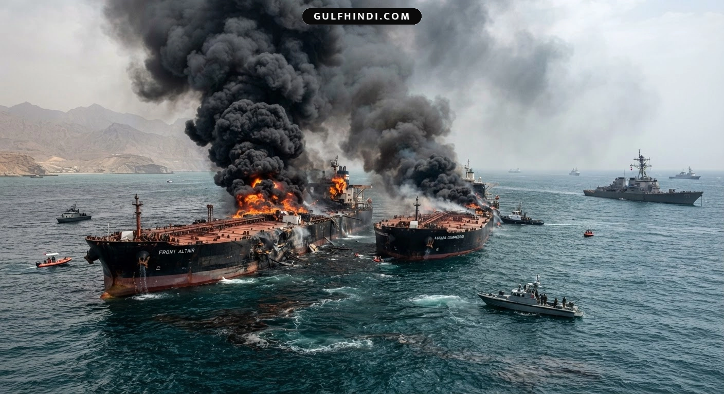 Strait of Hormuz में बड़ा धमाका: दो तेल टैंकरों में लगी आग, अमेरिका और ईरान के बीच बढ़ी तनातनी.